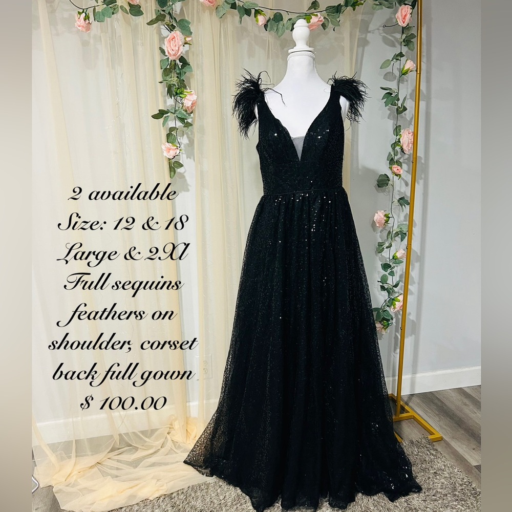 Black Sequin Gown with Feather Accents